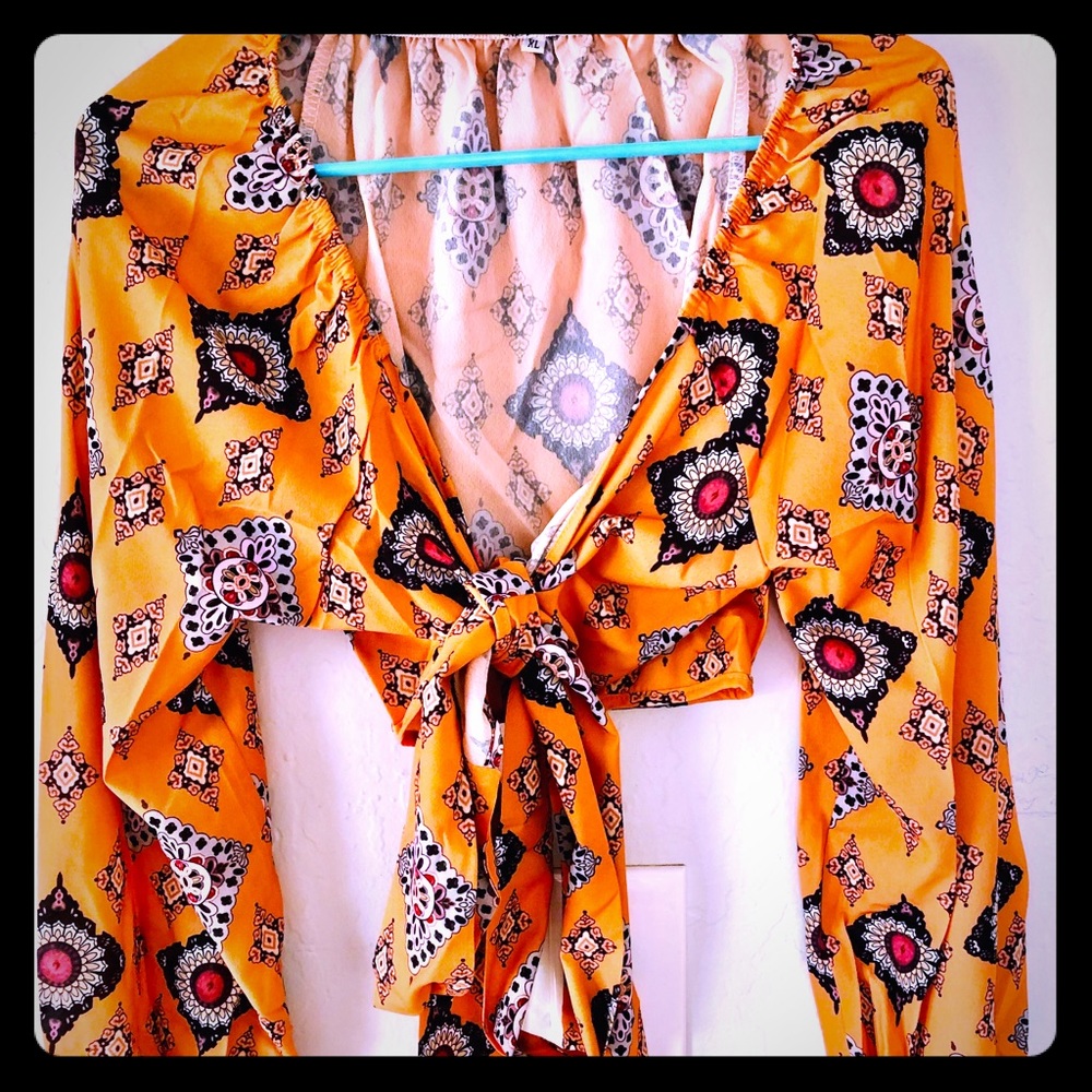 Women’s Front Tie Boho Print Orange Blouse Top